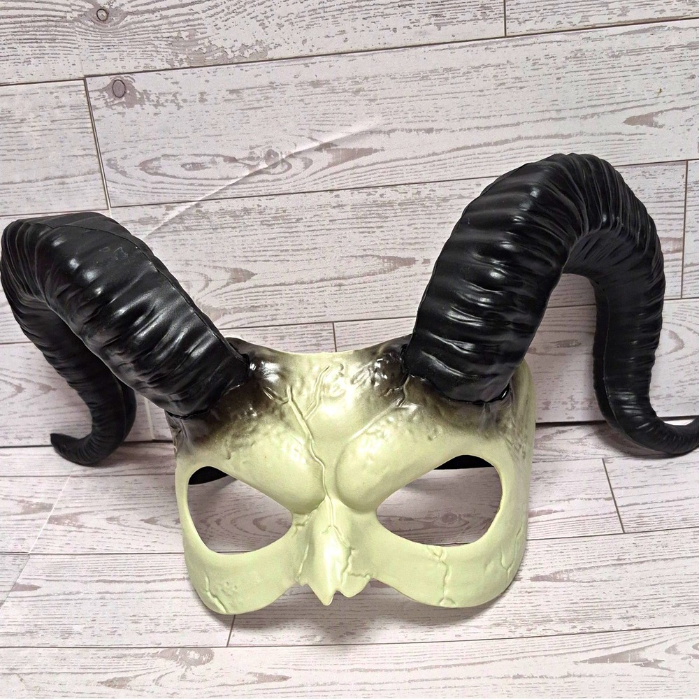 Devil Horn Face Mask Black Horns White Face Plastic Adjustable Strap One Size